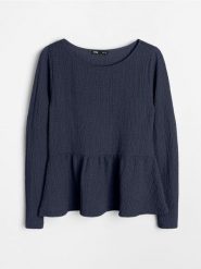 Bluzka z ozdobnymi falbanami - granatowy. Niebieskie bluzki Sinsay, l, bez wzorów, bez kołnierzyka, bez ramiączek. Za 39.99 zł.