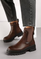 Brązowe Płaskie Botki w Stylu Sztybletów z Ozdobnymi Przeszyciami Narirae. Brązowe botki Renee, bez wzorów, z jeansu, eleganckie, bez obcasa, na obcasie, bez zapięcia. W wyprzedaży za 97.99 zł.