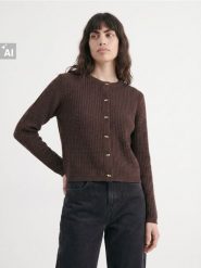 Klasyczny kardigan z ozdobnymi guzikami - dark grey jeans. Szare swetry Sinsay, l, bez wzorów, z jeansu, klasyczne, bez ramiączek. Za 49.99 zł.