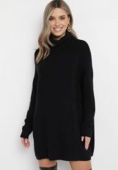 Czarny Golf Oversize o Wydłużonym Fasonie z Ozdobnym Wzorem Melisanda. Czarne swetry Born2be, bez wzorów, bez ramiączek. W wyprzedaży za 101.99 zł.