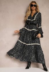 Szara Sukienka w Panterkę Rozkloszowana Ozdobiona Falowanymi Lamówkami Zetilaine. Szare sukienki Renee, l, bez wzorów, z materiału, bez kołnierzyka, bez ramiączek, maxi, rozkloszowane. W wyprzedaży za 119.99 zł.