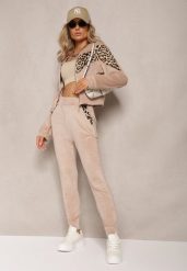 Beżowy Welurowy Komplet Dresowy 2-Częściowy z Animal Print Bluza i Spodnie Atisilva. Brązowe bluzy Renee, m, bez wzorów, z dresówki, bez ramiączek, bez kaptura. W wyprzedaży za 63.99 zł.