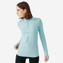 Bluza do biegania damska Kiprun Run 100 Warm ocieplana. Niebieskie bluzy KALENJI, l, bez wzorów, z dzianiny, sportowe, bez ramiączek, bez kaptura. Za 59.99 zł.