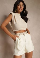 Beżowe Szorty High Waist z Paskiem Linave. Brązowe szorty Renee, bez wzorów, eleganckie. W wyprzedaży za 75.99 zł.