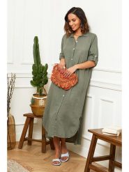 Le Monde du Lin Lniana sukienka w kolorze oliwkowym rozmiar: 40/42. Brązowe sukienki Le Monde du Lin, bez wzorów, ze lnu, klasyczne, bez kołnierzyka, bez ramiączek, maxi. Za 189.74 zł.