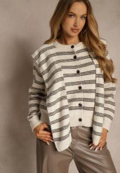 Beżowy Kardigan z Dodatkiem Wełny Zdobiony Wzorem w Paski i Narzutką Fedira. Brązowe swetry Renee, z aplikacjami, z jeansu, klasyczne, bez ramiączek. Za 119.99 zł.