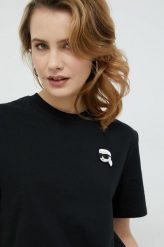 Karl Lagerfeld t-shirt bawełniany kolor czarny. Czarne t-shirty KARL LAGERFELD, bez wzorów, z bawełny, bez kołnierzyka, bez ramiączek. Za 469.99 zł.