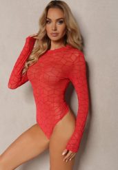 Czerwone Body z Długim Rękawem z Siateczkowego Materiału z Geometrycznym Printem Virefia. Czerwone body i gorsety Renee, bez wzorów, z jeansu, bez ramiączek. W wyprzedaży za 47.99 zł.