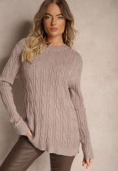 Ciemnobeżowy Sweter z Wiskozą Ozdobiony Tłoczeniem Savra. Brązowe swetry Renee, s, bez wzorów, z jeansu, casualowe, bez ramiączek. Za 79.99 zł.