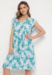Niebieska Bawełniana Sukienka o Rozkloszowanym Kroju w Kwiaty Libella. Niebieskie sukienki Born2be, do pracy, l, bez wzorów, z bawełny, biznesowe, bez kołnierzyka, bez ramiączek, midi, proste. W wyprzedaży za 38.24 zł.