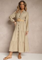 Beżowa Wiskozowa Sukienka o Koszulowym Kroju z Paskiem z Klamrą Feluriela. Brązowe sukienki Renee, na co dzień, l, bez wzorów, z wiskozy, eleganckie, bez kołnierzyka, bez ramiączek, maxi, kopertowe. Za 89.99 zł.