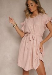 Ciemnoróżowa Sukienka z Paskiem i Falbankami przy Rękawach Folunelle. Czerwone sukienki Renee, na co dzień, bez wzorów, eleganckie, bez kołnierzyka, bez ramiączek, mini. W wyprzedaży za 67.99 zł.