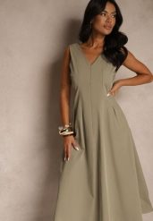 Jasnozielona Rozkloszowana Sukienka z Dekoltem w Kształcie Litery V Agilia. Zielone sukienki Renee, na spacer, l, bez wzorów, bez kołnierzyka, bez ramiączek, midi, rozkloszowane. Za 159.99 zł.