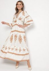 Beżowa Sukienka Boho z Wiskozą w Etniczny Wzór z Szeroką Gumką w Pasie Efanielis. Brązowe sukienki Born2be, na co dzień, m, z aplikacjami, z wiskozy, boho, bez kołnierzyka, bez ramiączek, maxi, rozkloszowane. Za 199.99 zł.