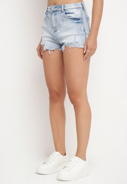 Niebieskie Jeansowe Szorty z Wysokim Stanem i Ozdobnymi Przetarciami Tiella. Niebieskie szorty Born2be, bez wzorów, z jeansu, eleganckie. Za 79.99 zł.