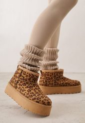 Panterkowe Krótkie Śniegowce na Grubej Podeszwie Aranwen. Śniegowce Renee, bez wzorów, z dzianiny, bez zapięcia. Za 69.99 zł.