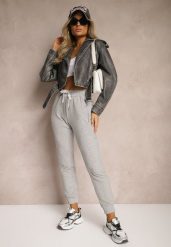 Jasnoszare Spodnie Dresowe z Bawełny High Waist Ozdobione Kieszeniami na Suwak Fedela. Szare jeansy Renee, bez wzorów, z bawełny, eleganckie, z podwyższonym stanem, długie. W wyprzedaży za 47.99 zł.