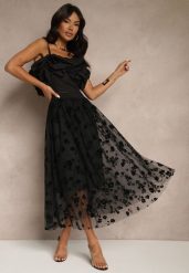 Czarna Rozkloszowana Spódnica Tiulowa Zdobiona Welurowym Printem w Kwiaty Folisena. Czarne spódnice Renee, na co dzień, l, z aplikacjami, z materiału, eleganckie, midi, oversize. W wyprzedaży za 63.99 zł.