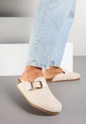 Beżowe Klapki Chodaki Ozdobione Klamrą Leanille. Brązowe klapki Renee, bez wzorów, z jeansu, eleganckie, bez obcasa, na płaskiej podeszwie, bez zapięcia. W wyprzedaży za 82.49 zł.