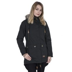 Parka Damska Wodoodporne Clea. Czarne płaszcze Trespass, l, bez wzorów, z materiału, z kapturem. Za 260.99 zł.