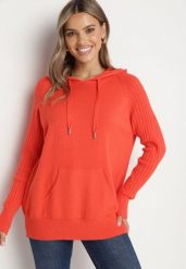 Pomarańczowy Sweter z Kapturem i Kieszenią z Domieszką Kaszmiru Neriele. Brązowe swetry Born2be, z aplikacjami, z jeansu, bez ramiączek. Za 129.99 zł.