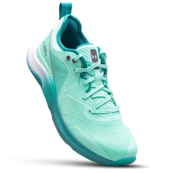 Buty treningowe damskie UNDER ARMOUR HOVR Omnia. Zielone buty treningowe Under Armour, bez wzorów, bez zapięcia, na fitness i siłownię. Za 379.99 zł.