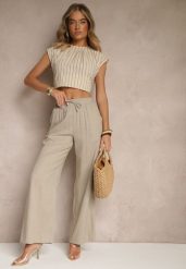 Beżowe Spodnie z Lnem o Szerokim Kroju z Gumką w Talii Filarive. Brązowe jeansy Renee, bez wzorów, z jeansu, eleganckie. W wyprzedaży za 63.99 zł.