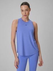 4F Top treningowy szybkoschnący damski - niebieski M. Niebieskie topy 4f, m, bez wzorów, z materiału, klasyczne, bez kołnierzyka, bez ramiączek. Za 79.99 zł.