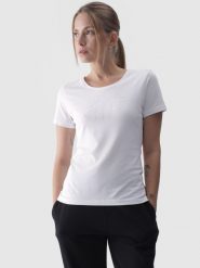 4F T-shirt slim z nadrukiem damski - biały XS. Białe t-shirty 4f, xs, bez wzorów, z bawełny, klasyczne, bez kołnierzyka, bez ramiączek. Za 59.99 zł.