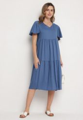 Niebieska Wiskozowa Sukienka Rozkloszowana z Dekoltem V Natilenia. Niebieskie sukienki Born2be, na co dzień, l, bez wzorów, z wiskozy, eleganckie, bez kołnierzyka, bez ramiączek, midi, rozkloszowane. W wyprzedaży za 46.74 zł.