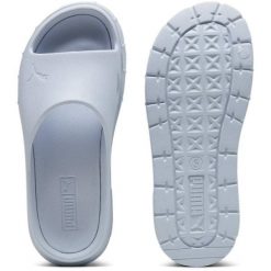 Klapki damskie Puma Mayze Stack Injex. Niebieskie klapki Puma, bez wzorów, z gumy, bez obcasa, bez zapięcia. Za 290.00 zł.