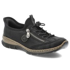 Czarne Półbuty Rieker Stylowe Obuwie Damskie. Czarne buty treningowe Rieker, bez wzorów, z materiału, bez zapięcia, trekkingowe. Za 314.99 zł.