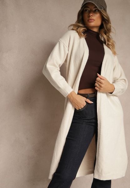 Biały Niezapinany Casualowy Kardigan z Wełną o Długim Kroju Zozita. Białe swetry Renee, uniwersalny, bez wzorów, z jeansu, eleganckie, bez ramiączek. Za 64.99 zł.