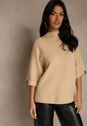 Beżowy Sweter z Cyrkoniami przy Rękawach Corentusa. Brązowe swetry Renee, m, z aplikacjami, z jeansu, casualowe, bez ramiączek. Za 79.99 zł.