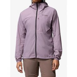 Kurtka przeciwwiatrowa damska Columbia Khyex Pro Wind Jacket. Fioletowe kurtki przejściowe sportowe Columbia, bez wzorów, z softshellu, bez kaptura, trekkingowe. Za 478.49 zł.