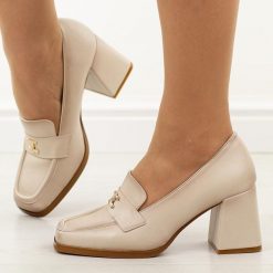 Beżowe półbuty damskie na słupku Potocki 12783. Czarne półbuty wsuwane POTOCKI, na jesień, z aplikacjami, z materiału, biznesowe, bez obcasa, na obcasie. Za 189.00 zł.