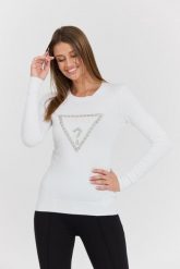 GUESS Biały damski sweter Rylie Triangle z dużym logo, Rozmiar L. Białe swetry Guess, l, z aplikacjami, z elastanu, eleganckie, bez ramiączek. W wyprzedaży za 322.99 zł.