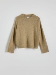 Sweter z metalizowaną nitką - złoty. Żółte swetry Reserved, l, bez wzorów, z dzianiny, bez ramiączek. W wyprzedaży za 39.99 zł.
