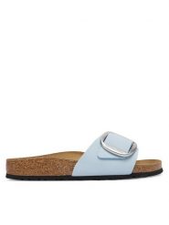 Birkenstock Klapki Madrid Big Buckle 1031798 Błękitny. Niebieskie klapki Birkenstock, bez wzorów, z nubiku, bez obcasa, bez zapięcia. Za 509.99 zł.