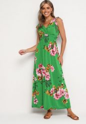 Zielona Rozkloszowana Sukienka w Kwiaty z Wiązaniami na Ramionach Saloa. Zielone sukienki Born2be, na co dzień, m, z aplikacjami, z jeansu, eleganckie, bez kołnierzyka, bez ramiączek, maxi, proste. W wyprzedaży za 31.99 zł.