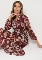 Bordowa Rozkloszowana Sukienka z Wiązanym Paskiem i Metaliczną Nicią Nalirina. Czerwone sukienki Born2be, na co dzień, l, z aplikacjami, z elastanu, eleganckie, bez kołnierzyka, bez ramiączek, maxi, proste. Za 129.99 zł.