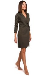 Khaki Elegancka Żakietowa Sukienka na Jeden Guzik. Brązowe sukienki MOE, l, bez wzorów, z elastanu, eleganckie, bez kołnierzyka, bez ramiączek. Za 273.90 zł.