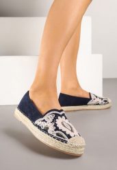Granatowe Espadryle z Plecioną Podeszwą Cekinami i Haftem Merelitia. Niebieskie espadryle Born2be, z aplikacjami, eleganckie, bez obcasa. W wyprzedaży za 80.74 zł.