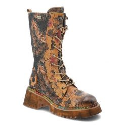 Botki damskie Laura Vita o sznurowanym fasonie z wysoką wzorzystą cholewką ozdobnymi detalami i masywną traperową podeszwą camel, Oyao 02 SL7004-2D C. Brązowe botki LAURA VITA, bez wzorów, klasyczne, przed kolano, bez obcasa, bez zapięcia. Za 669.00 zł.