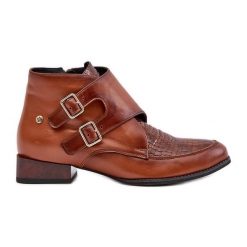 Skórzane Botki Na Niskim Obcasie Z Klamrami Maciejka 06696-02 Brązowe. Brązowe botki bez wzorów, ze skóry, eleganckie, bez obcasa, bez zapięcia. Za 605.35 zł.