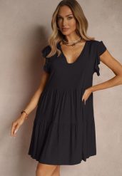 Czarna Bawełniana Sukienka Rozkloszowana z Falbankami Mirlio. Czarne sukienki Renee, na co dzień, l, bez wzorów, z bawełny, eleganckie, bez kołnierzyka, bez ramiączek, mini, kopertowe. W wyprzedaży za 39.99 zł.