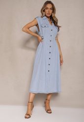 Jasnoniebieska Rozkloszowana Sukienka Jeansowa z Bawełny o Koszulowym Kroju Sepilie. Niebieskie sukienki Renee, na spotkanie biznesowe, l, bez wzorów, z bawełny, eleganckie, bez kołnierzyka, bez ramiączek, koszulowe. W wyprzedaży za 167.99 zł.