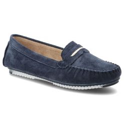 Mokasyny damskie S.Barski, cholewka ze skóry naturalnej zamszowej wsuwany fason z ozdobnym paskiem, granatowe, LR61-7029. Niebieskie mokasyny S.BARSKI, z aplikacjami, ze skóry. Za 169.00 zł.
