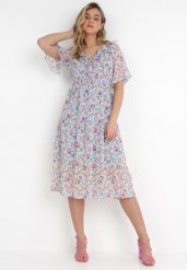 Jasnoniebieska Sukienka Pronameia. Niebieskie sukienki Born2be, na imprezę, l, z aplikacjami, klasyczne, bez kołnierzyka, bez ramiączek, midi, rozkloszowane. Za 129.99 zł.