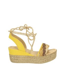 SANDAŁY NA KOTURNIE 9180 18 YELLOW. Żółte sandały Venezia, bez wzorów, ze skóry, bez obcasa, na koturnie, bez zapięcia. Za 129.00 zł.